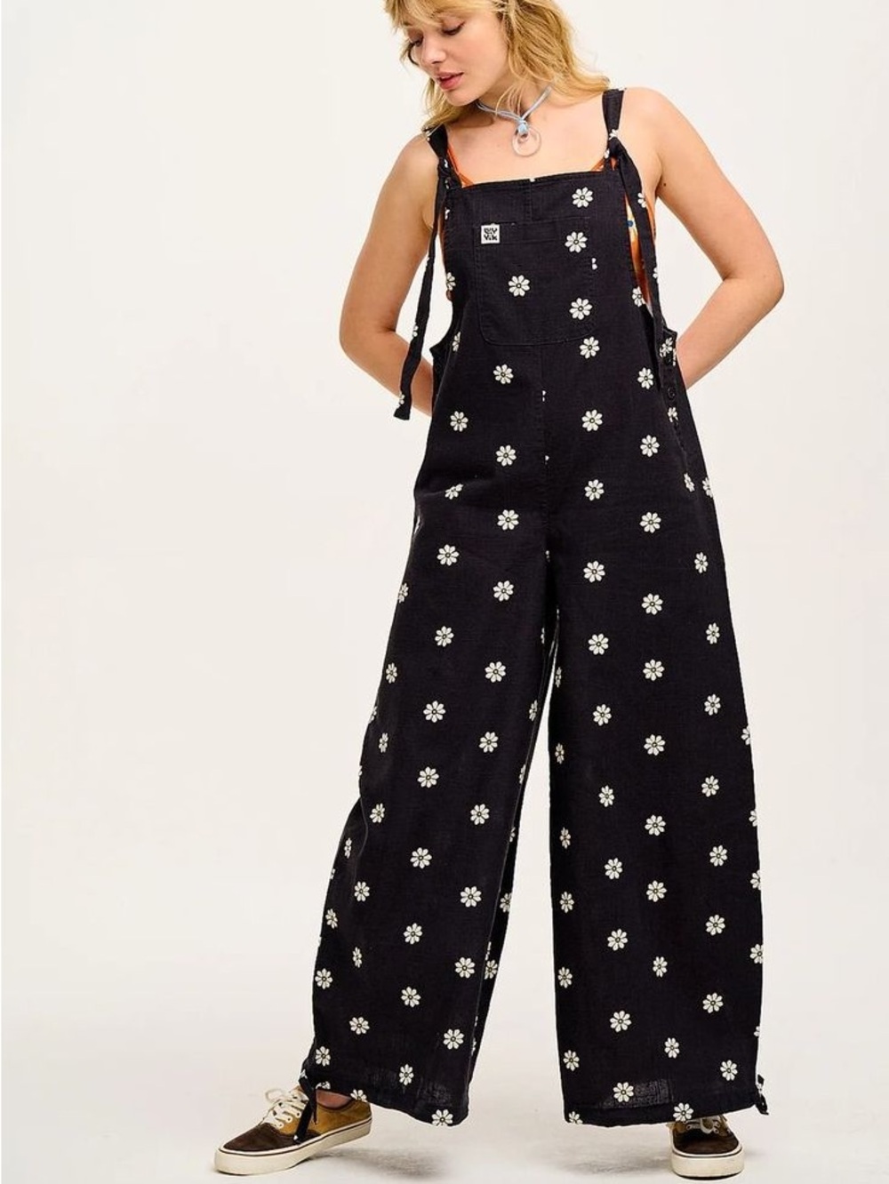 Lucy & Yak Black Daisy Print Wide-Leg Overalls